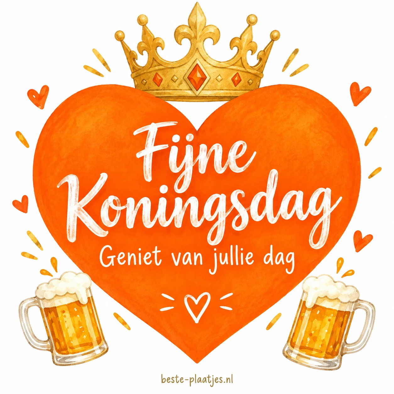 Een oranje hart met een gouden kroon staat tussen twee bierglazen.