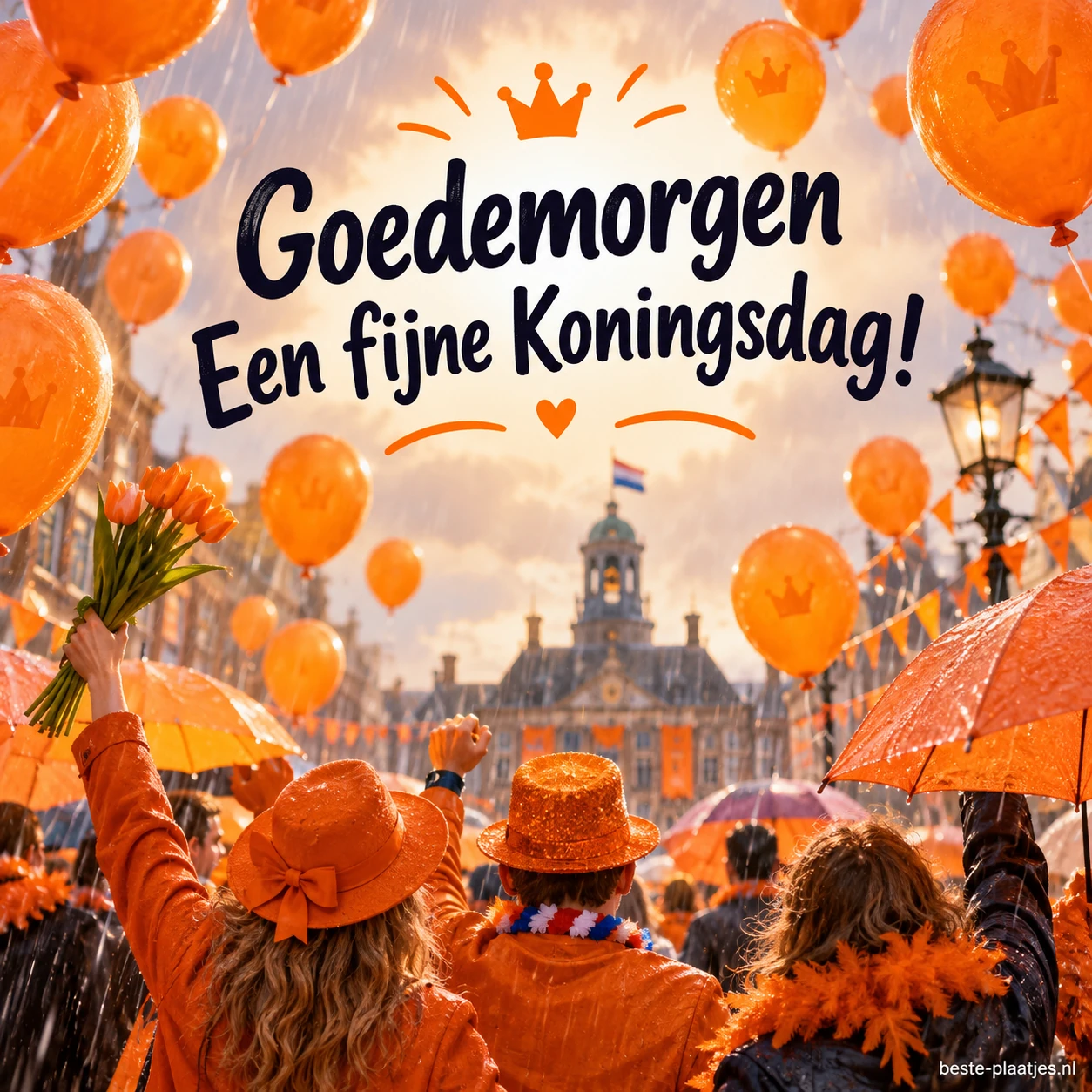 Feestvierders in oranje staan tussen ballonnen en paraplu’s op een regenachtig plein.