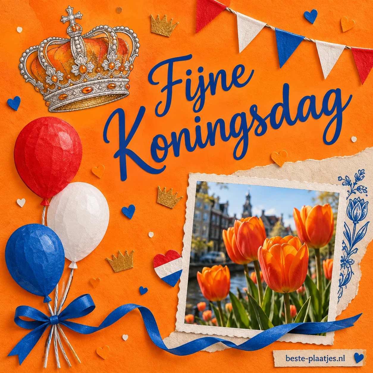 Een oranje collage toont een kroon, Nederlandse vlaggetjes, ballonnen en tulpen.