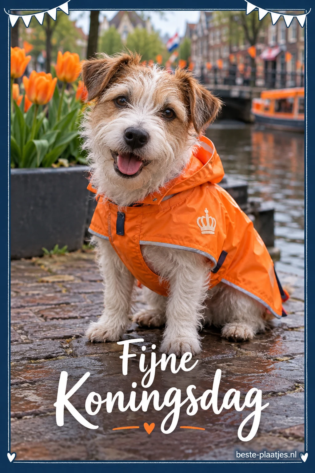 Een kleine terriër in een oranje regenjas zit aan een natte gracht.