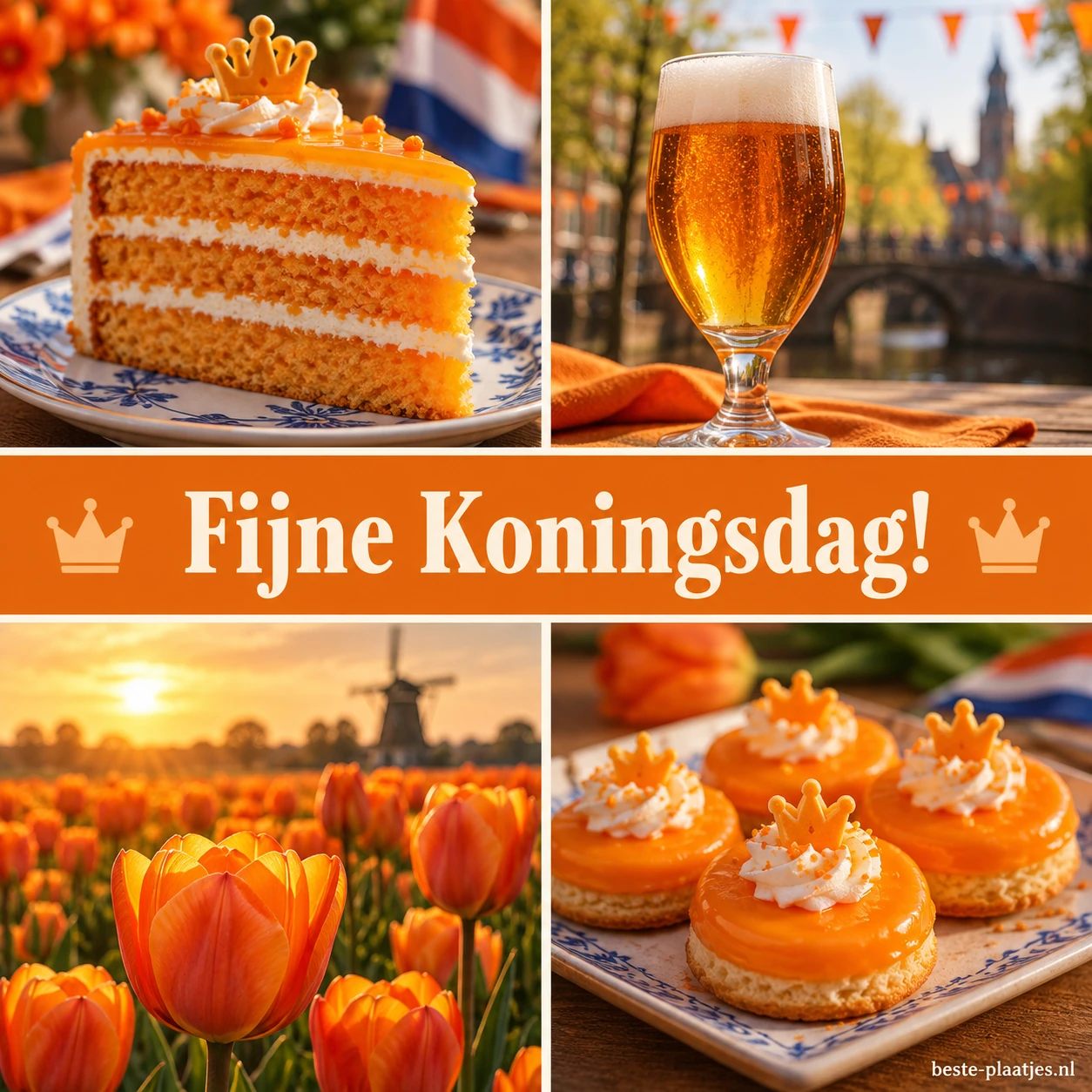 Vier beelden tonen oranje taart, bier, tulpen en kleine gebakjes.