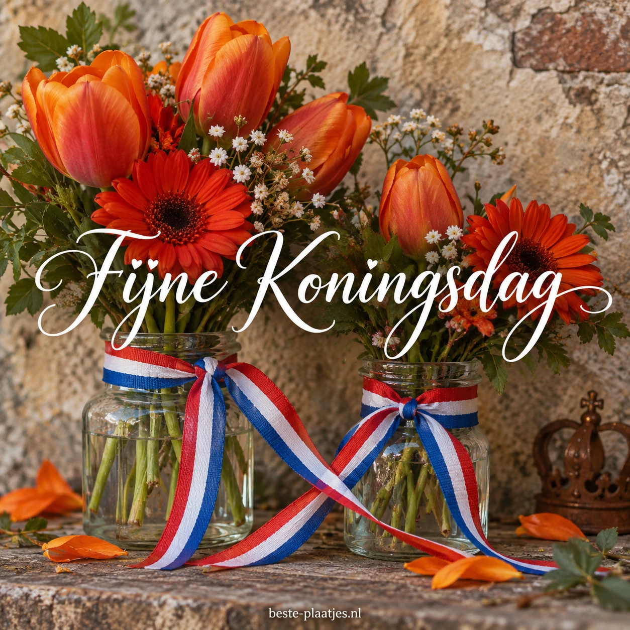 Twee glazen potten met oranje bloemen zijn versierd met rood-wit-blauwe linten.