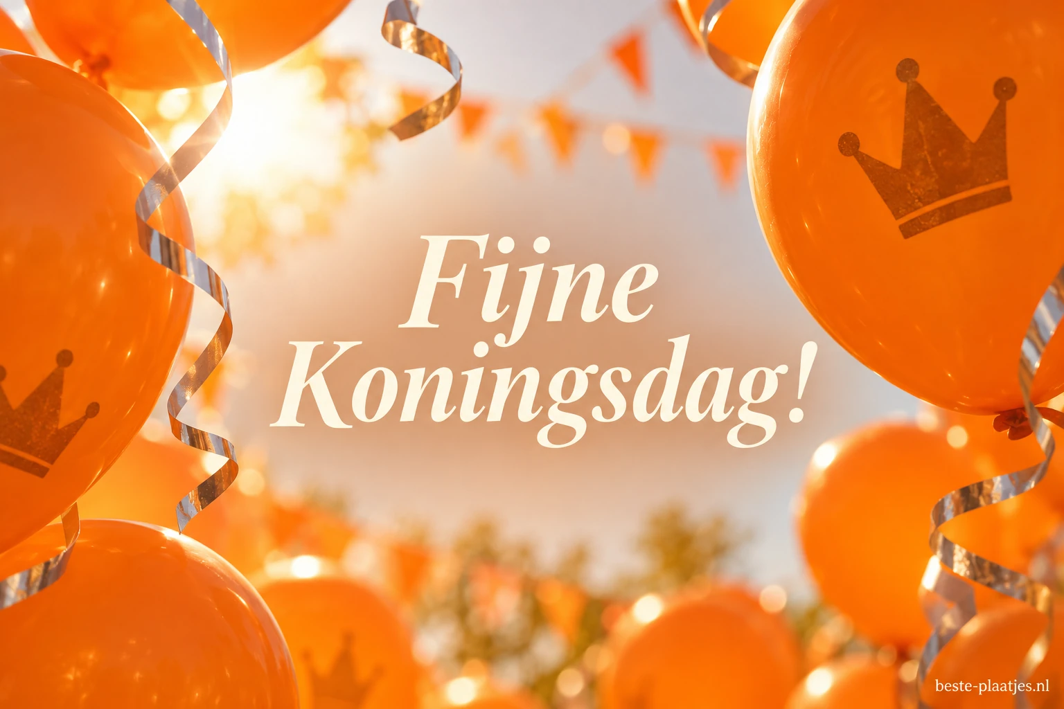 Oranje ballonnen en zilveren slingers glanzen in het zonlicht.