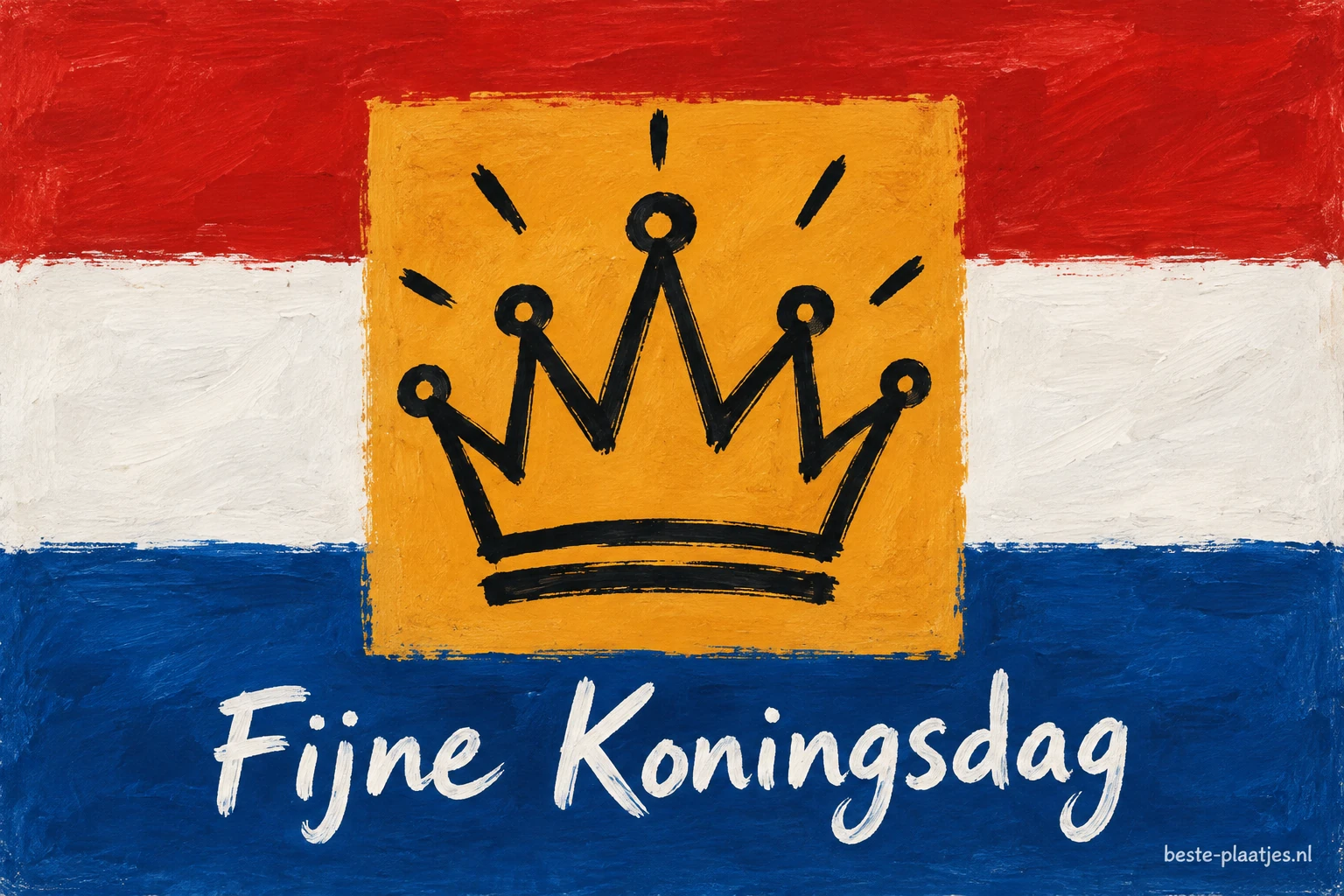 Een getekende zwarte kroon staat op een handgeschilderde Nederlandse vlag.