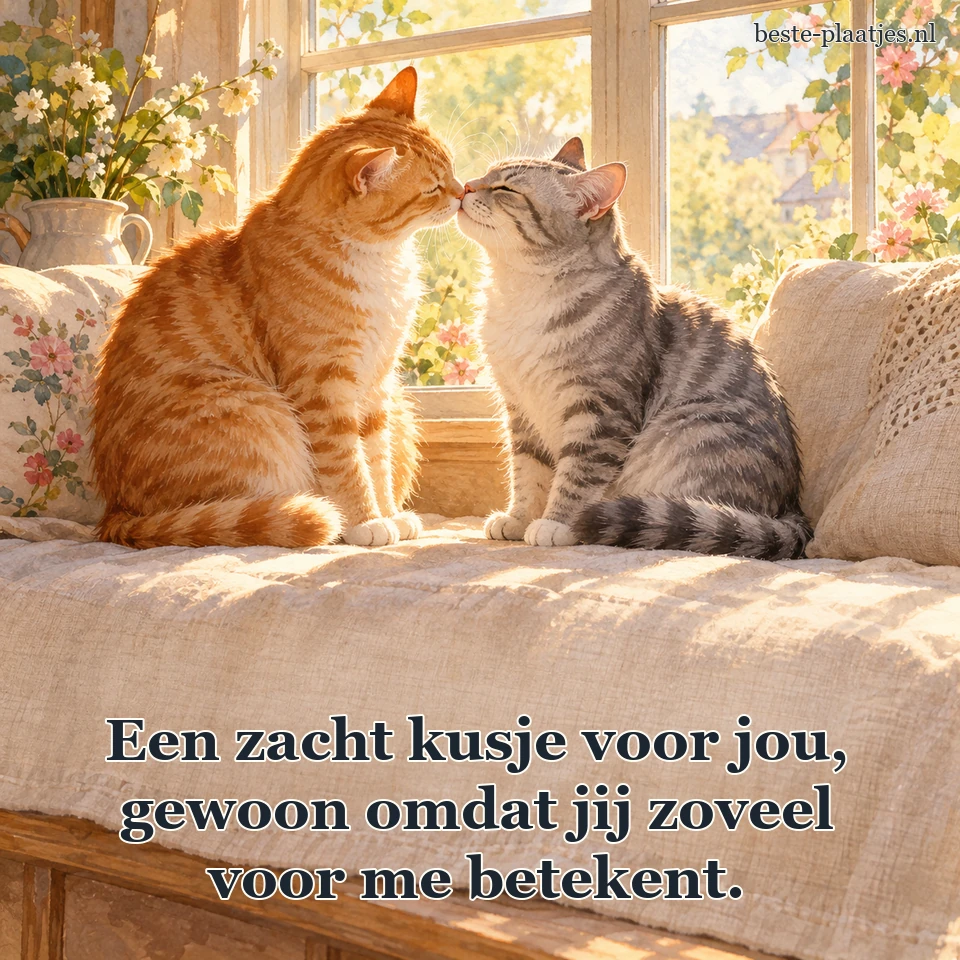 Twee katten raken elkaar teder aan op een linnen kussen.