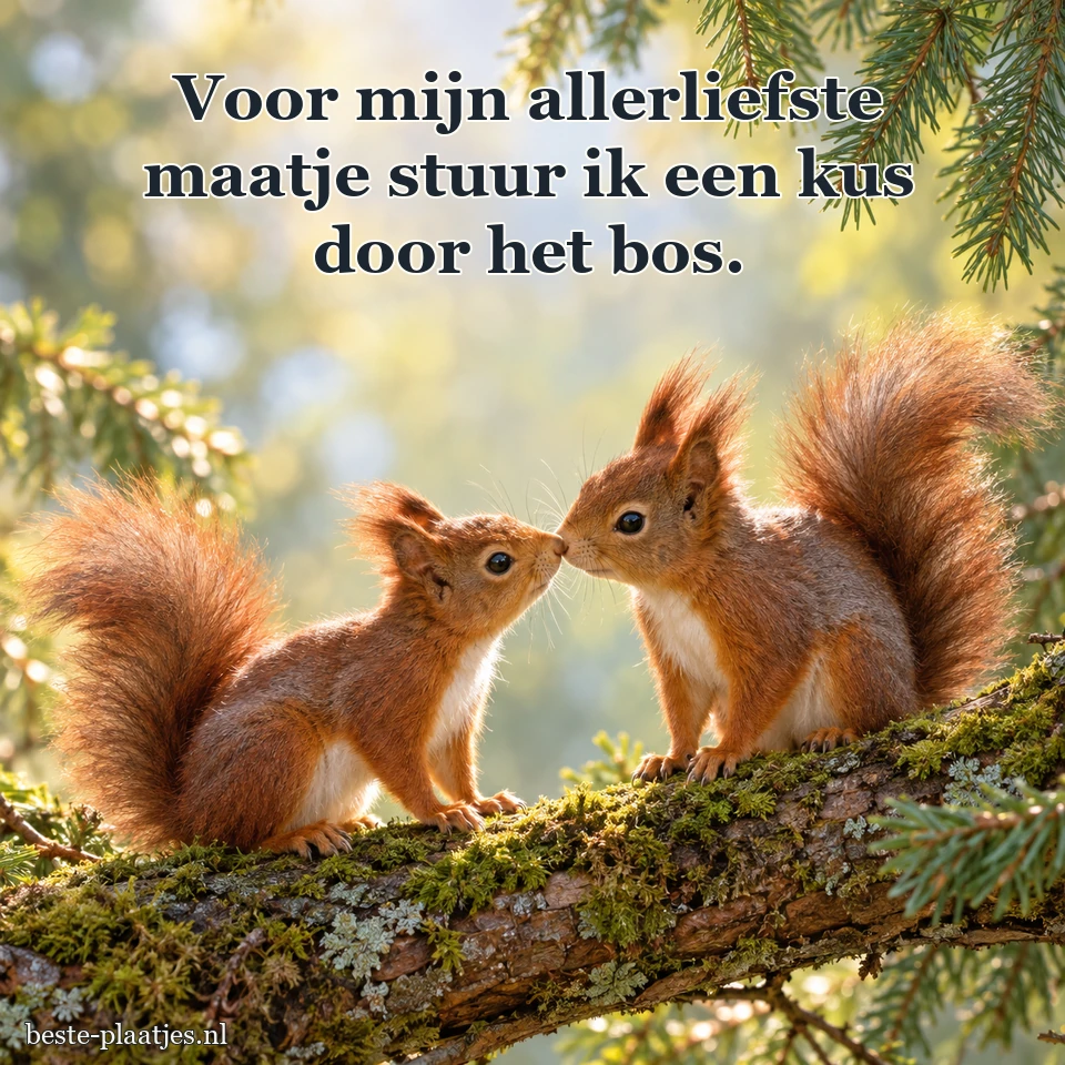Twee eekhoorns ontmoeten elkaar op een bemoste tak.