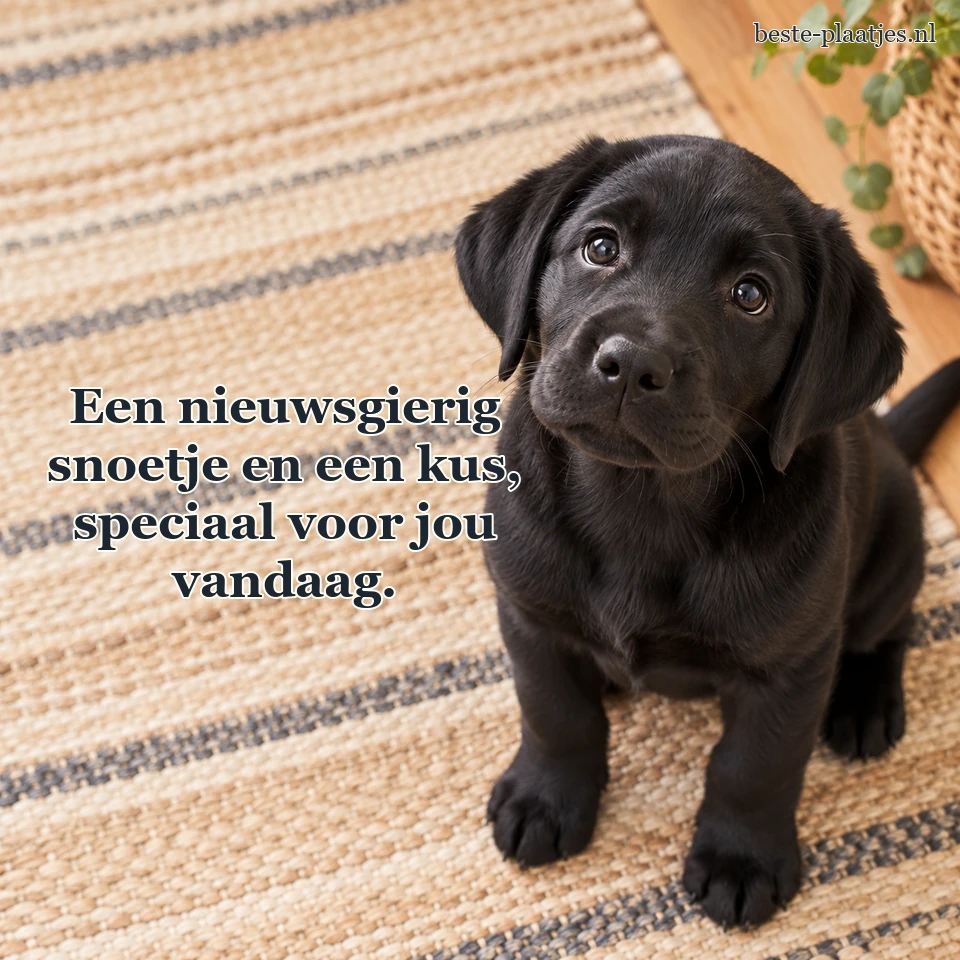 Een zwarte labradorpup kijkt op vanuit een gestreept kleed.
