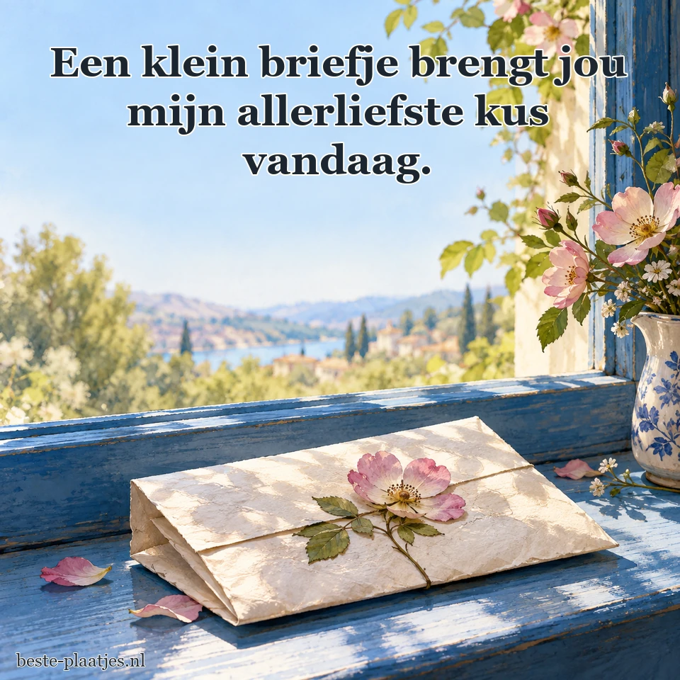 Een gevouwen brief met bloem ligt bij een raam.