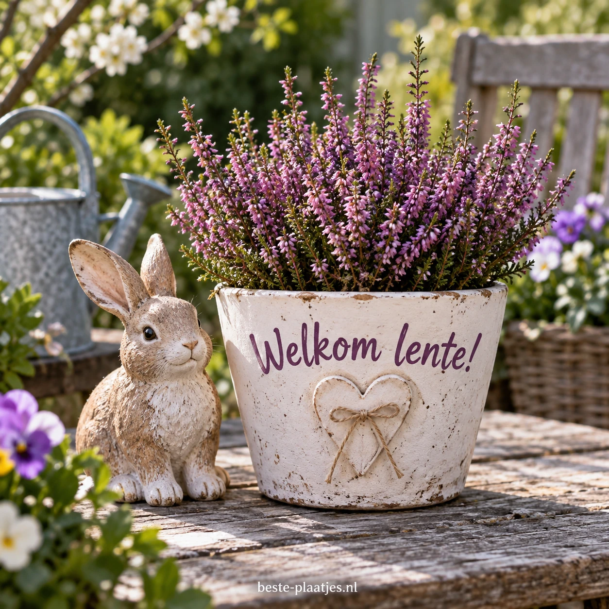 Een keramisch konijntje staat naast een pot paarse voorjaarsbloemen op een houten tuintafel.