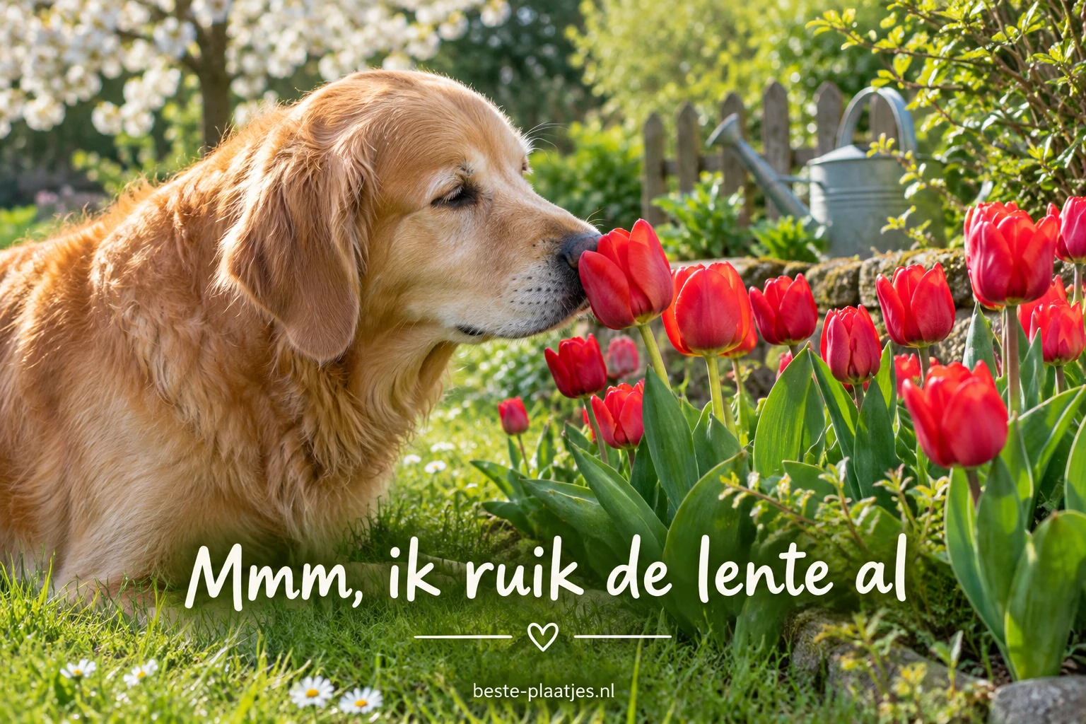 Een goudkleurige hond ruikt aan rode tulpen in een groene tuin.