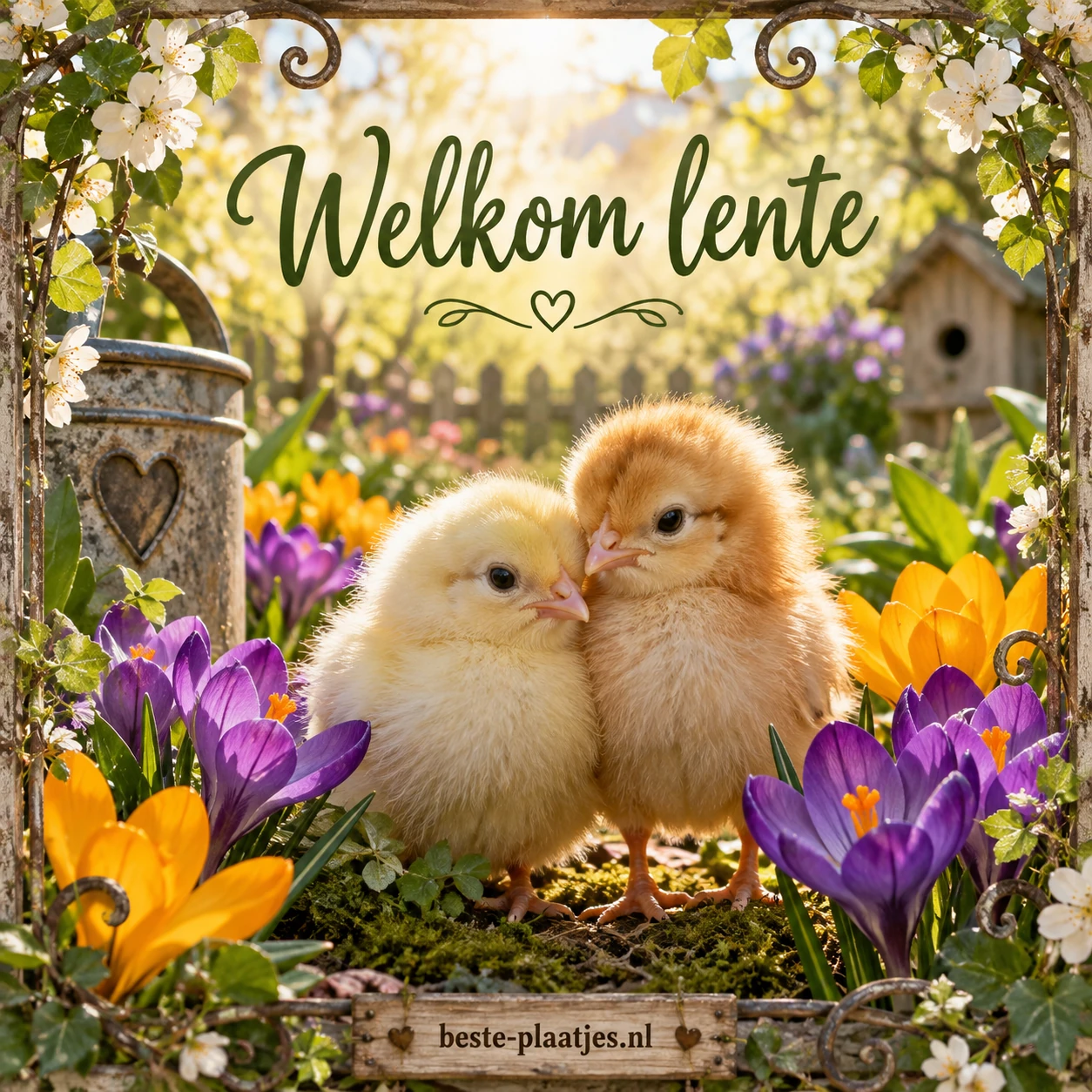 Twee jonge kuikens zitten dicht bij elkaar tussen kleurrijke lentebloemen.