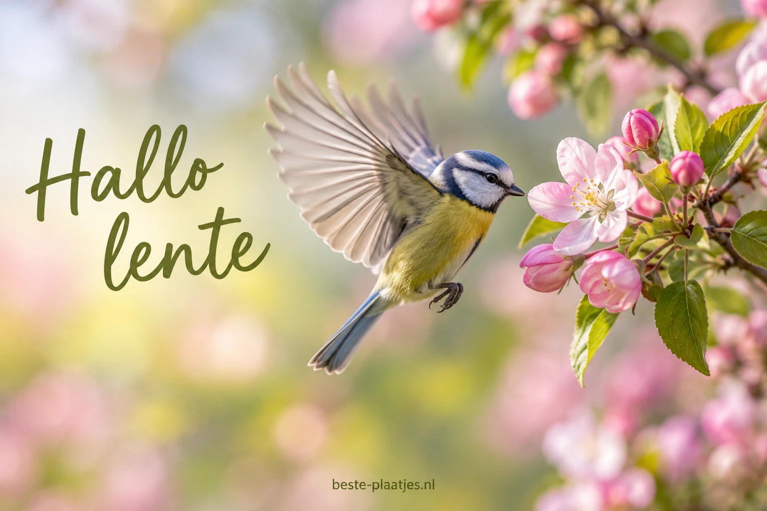 Een klein vogeltje zweeft bij roze bloesem in een frisse tuin.