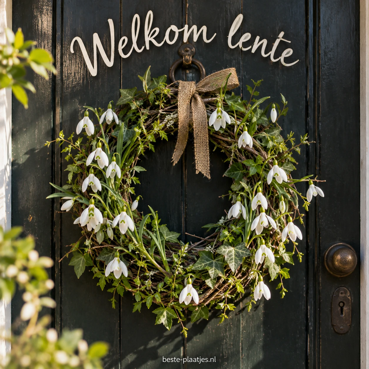 Een krans van witte sneeuwklokjes en groen hangt aan een donkere voordeur.