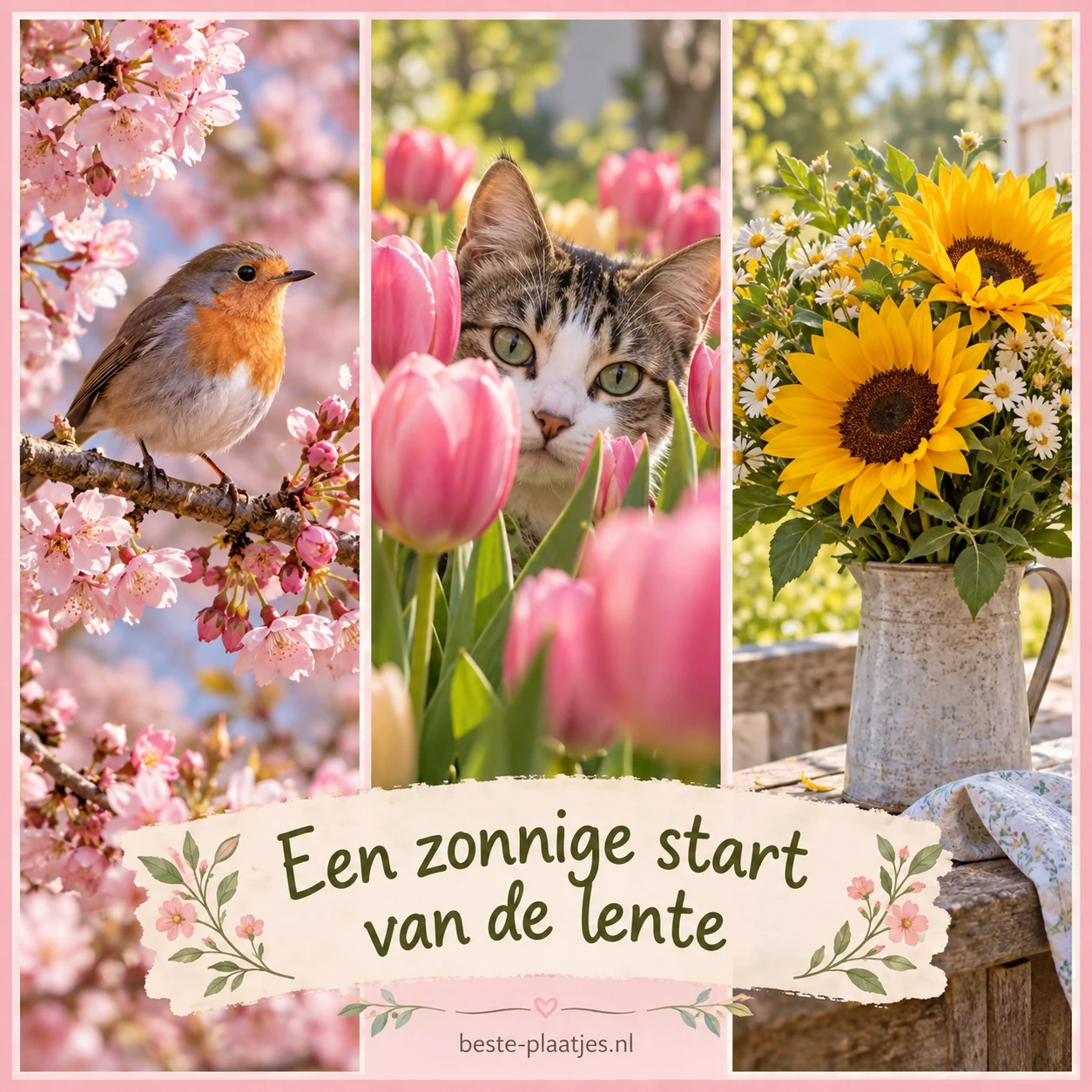 Een lentecollage toont bloesem met een vogel, een kat tussen tulpen en zonnebloemen.
