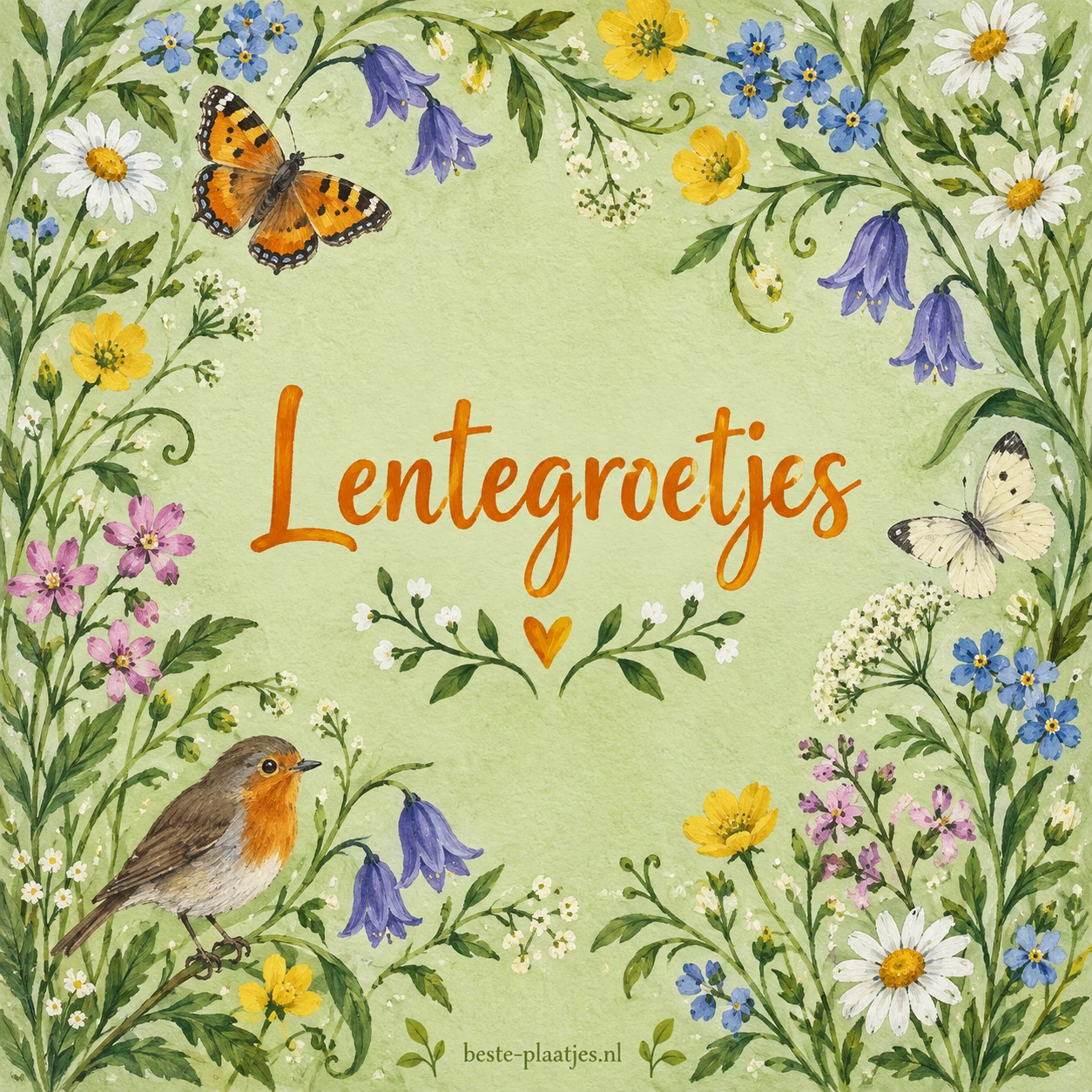 Handgeschilderde bloemen en vlinders omlijsten een groene lentegroet.