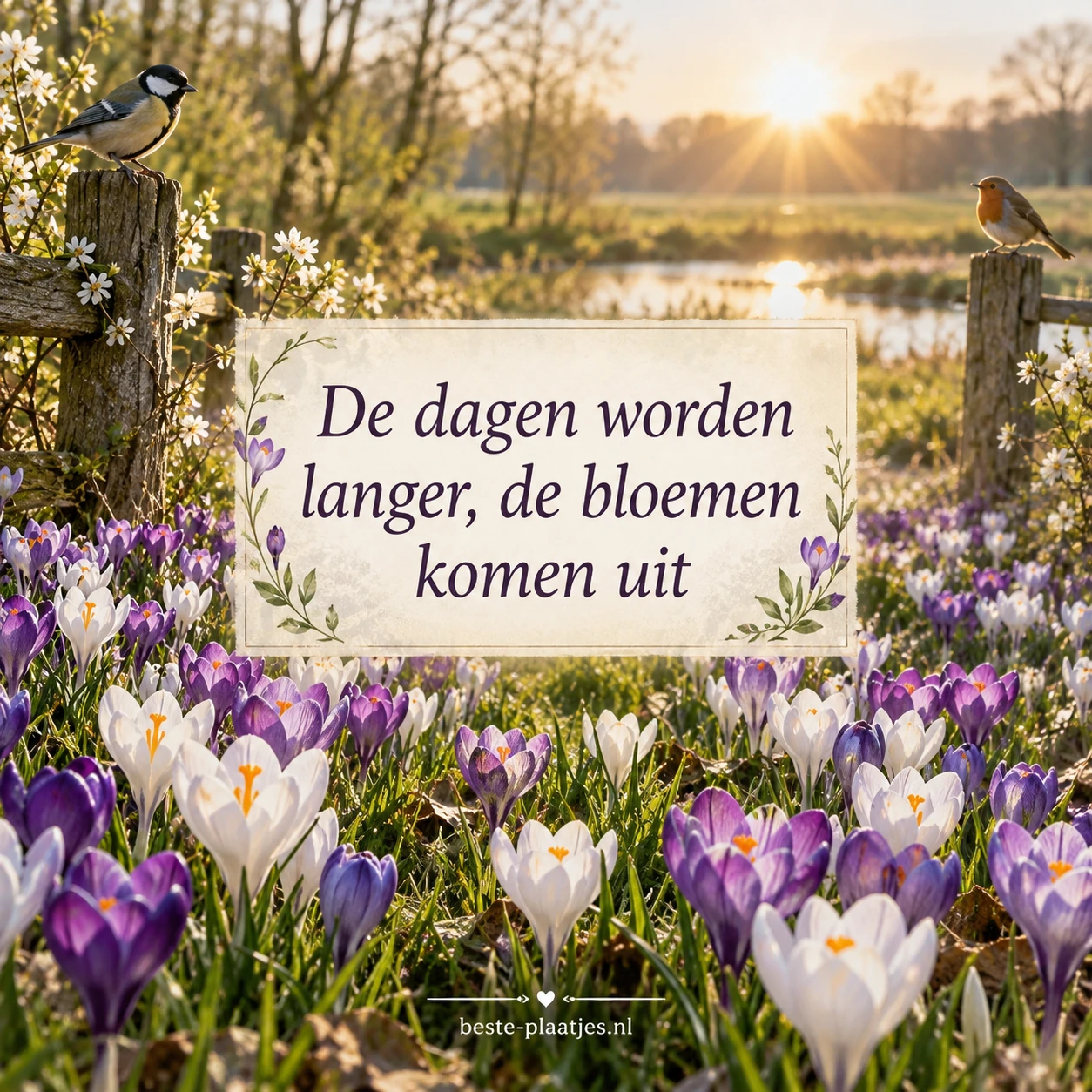 Witte en paarse krokussen bloeien dicht bij elkaar in een voorjaarsweide.