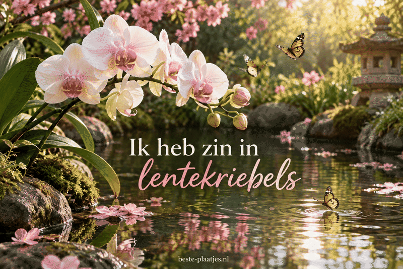 Een bleke orchidee en vlinders weerspiegelen boven een donkere vijver.