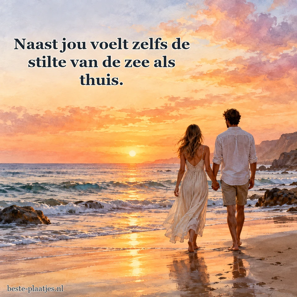 Twee mensen staan hand in hand bij een rustige zonsondergang.