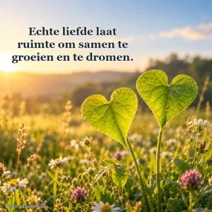 Twee hartvormige bladeren groeien tussen zachte grassen.