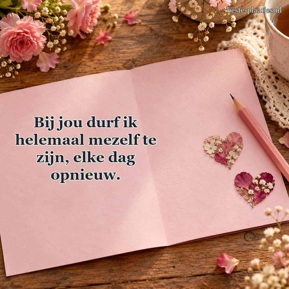 Een roze brief en twee harten liggen op een bureau.