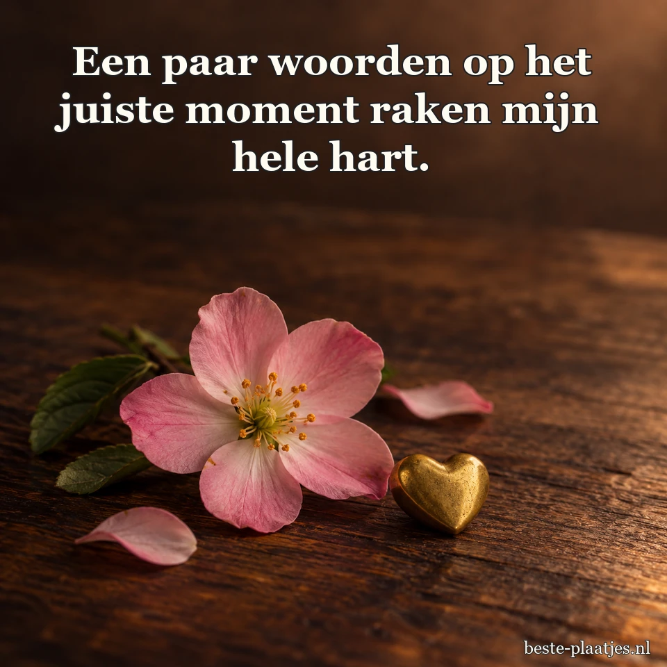 Een kleine roze bloem ligt naast een messing hartje.