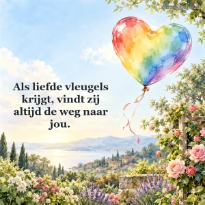 Een regenboogkleurige ballon zweeft boven een bloeiende tuin.