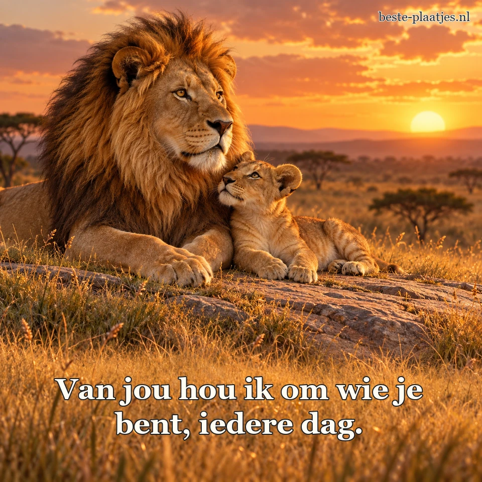 Een leeuw en een welp liggen samen in de savanne.