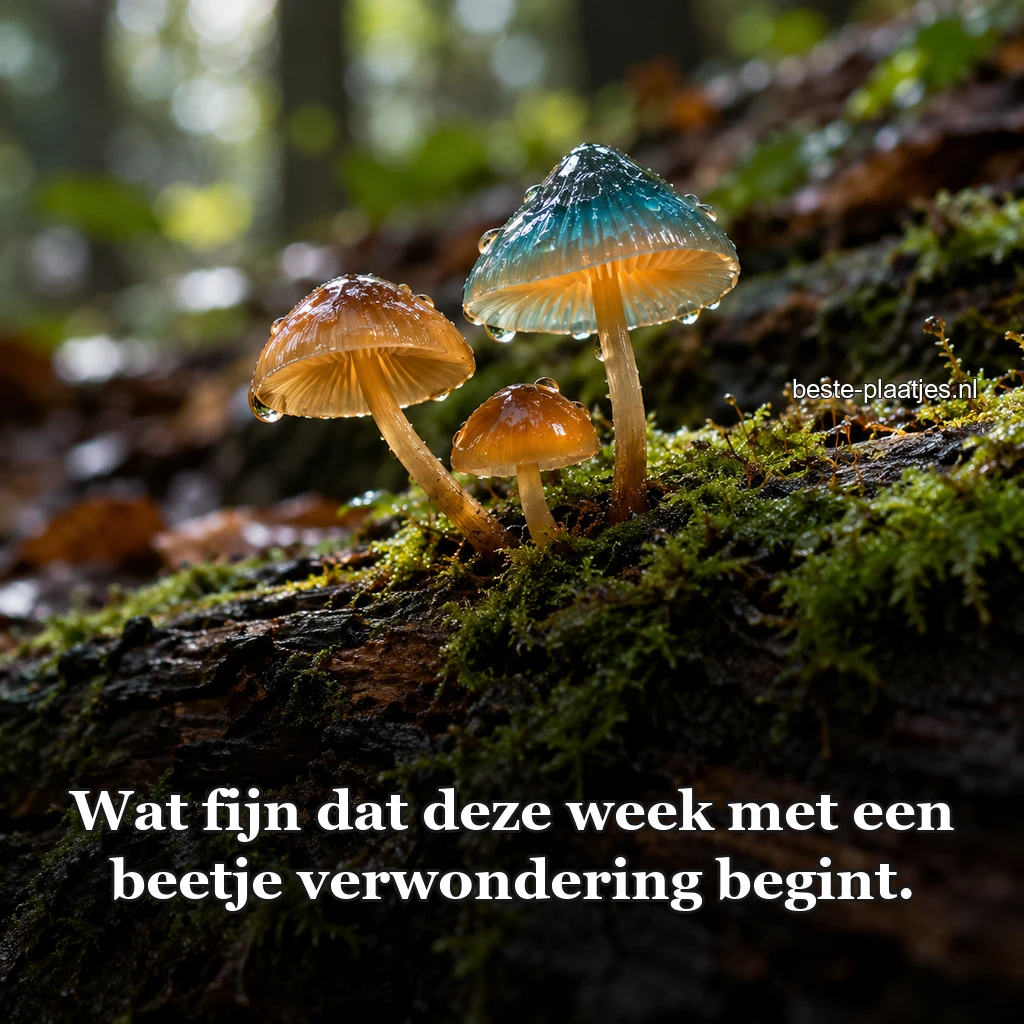 Drie kleine paddenstoelen groeien op een bemoste boomstam.