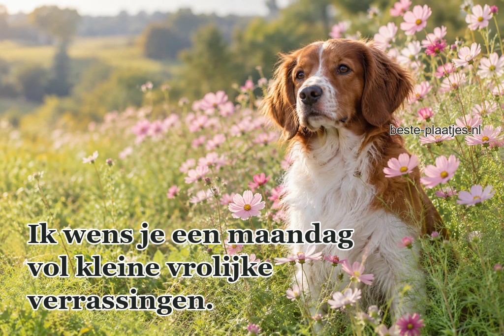 Een bruinwitte hond zit rustig tussen roze veldbloemen.
