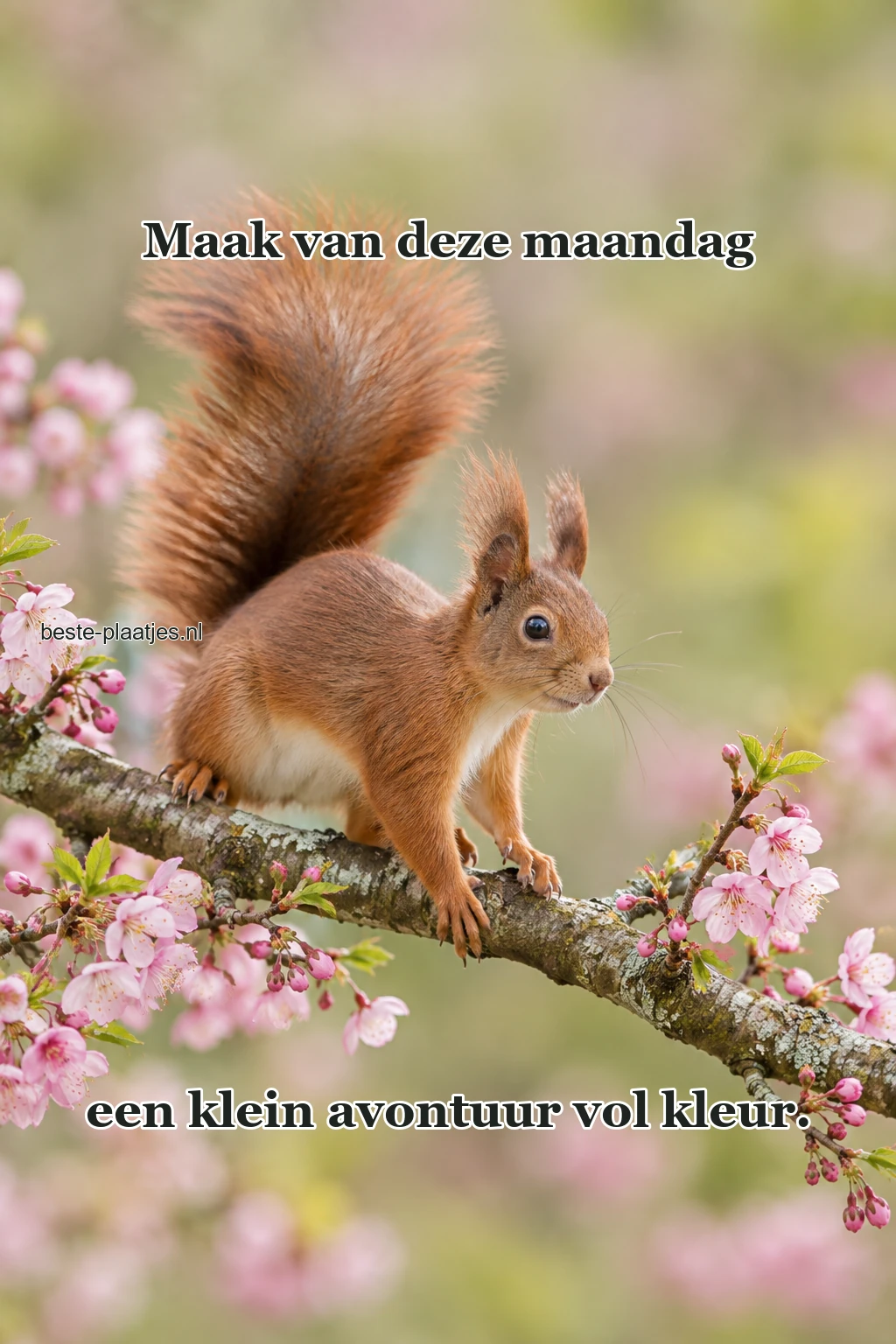 Een eekhoorn verkent een tak met roze bloesem.