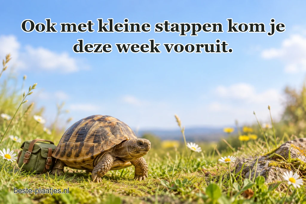 Een landschildpad draagt een klein groen rugzakje in het gras.