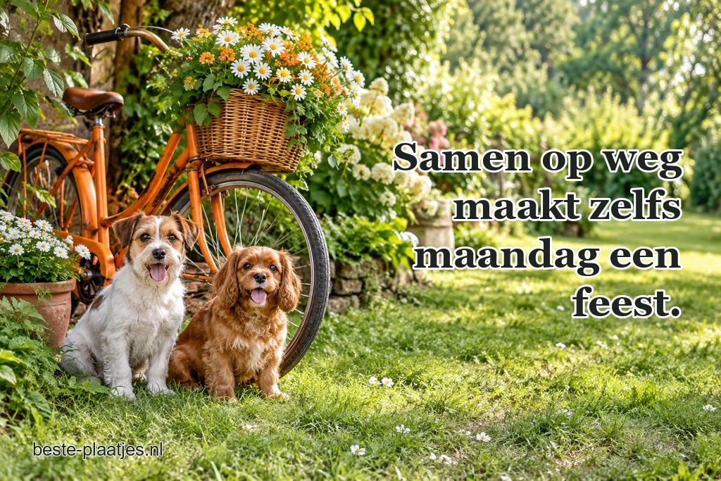 Twee honden zitten naast een oranje fiets in de tuin.