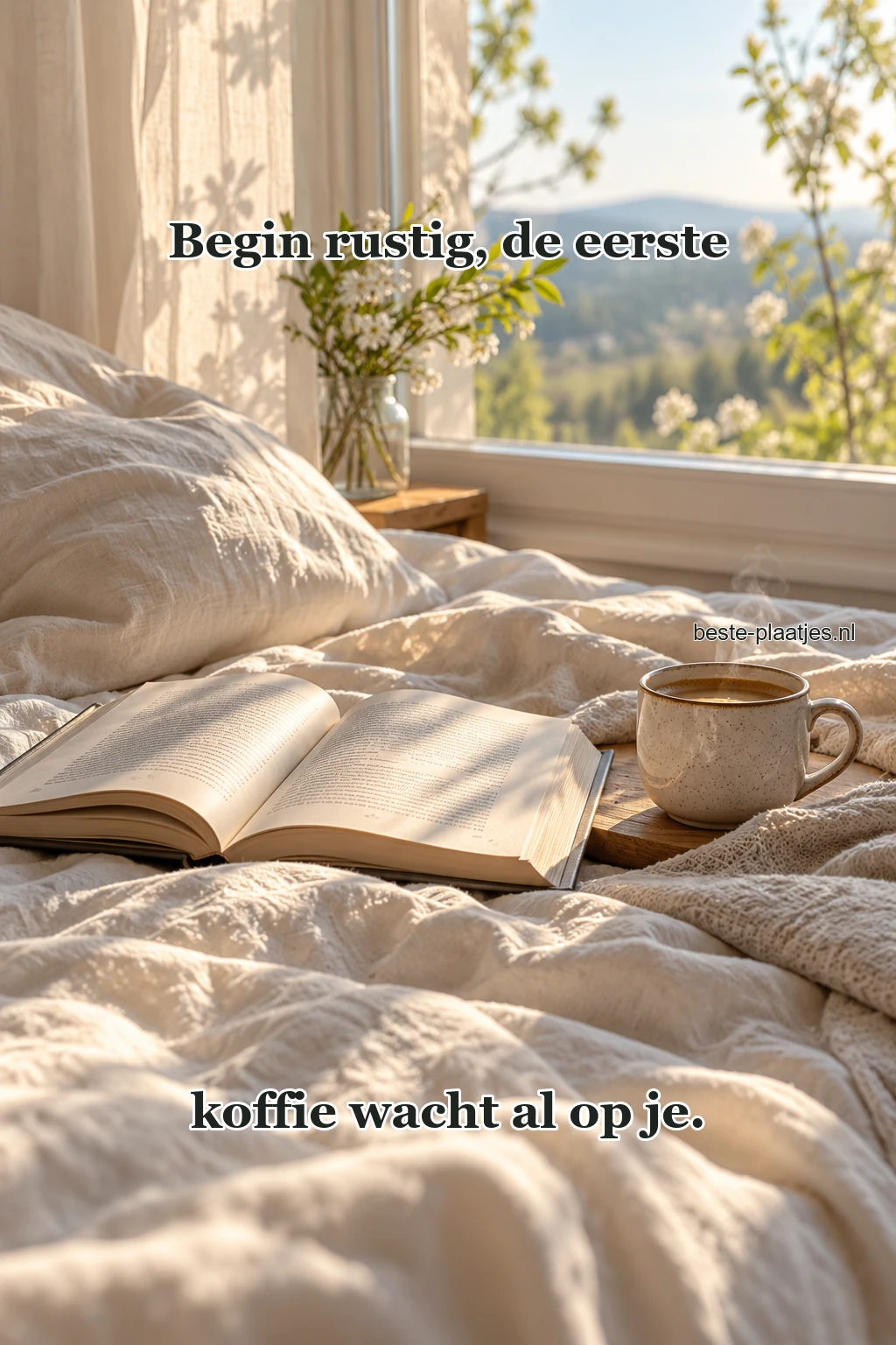 Een boek en koffie staan op een lichte linnen sprei.