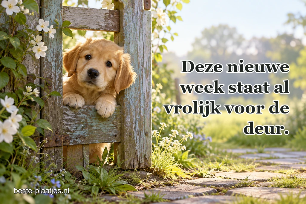 Een blonde puppy kijkt uit een houten tuinhek.