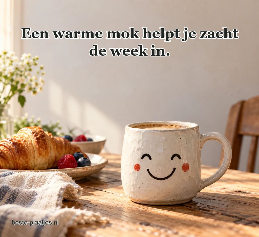 Een witte mok met speels getekend gezicht staat op tafel. Een witte mok met speels getekend gezicht staat op tafel.