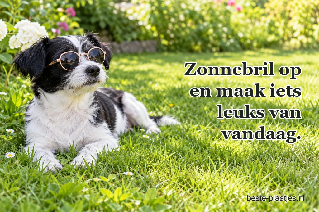 Een kleine hond met zonnebril ligt op groen gras. Een kleine hond met zonnebril ligt op groen gras.
