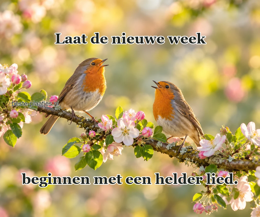 Twee roodborstjes zitten op een bloeiende tak. Twee roodborstjes zitten op een bloeiende tak.