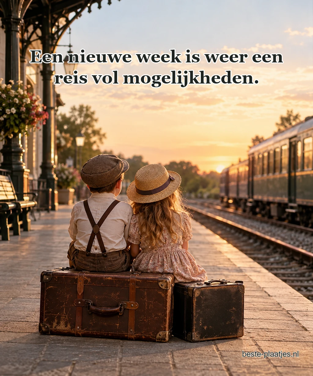 Twee kinderen zitten met koffers op een stationbank. Twee kinderen zitten met koffers op een stationbank.