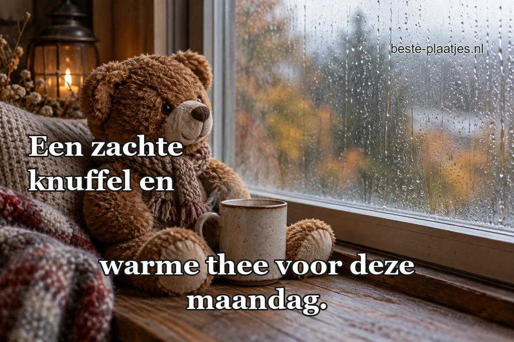 Een pluche beer zit met een mok bij het raam. Een pluche beer zit met een mok bij het raam.