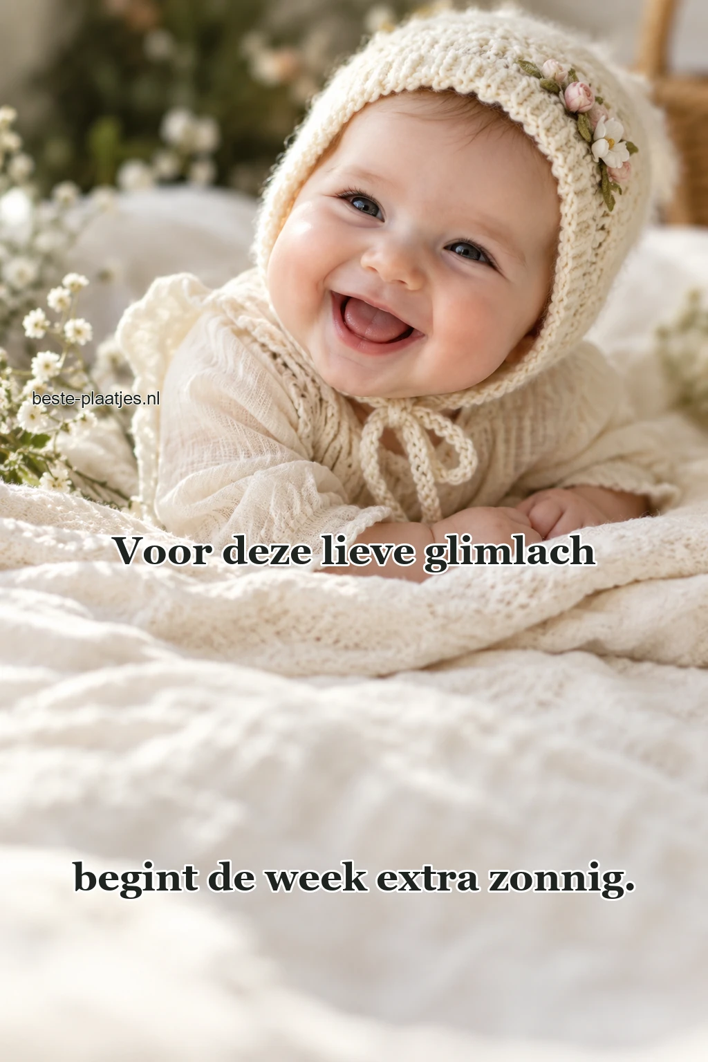 Een lachende baby draagt een zelfgebreide bloemenmuts. Een lachende baby draagt een zelfgebreide bloemenmuts.