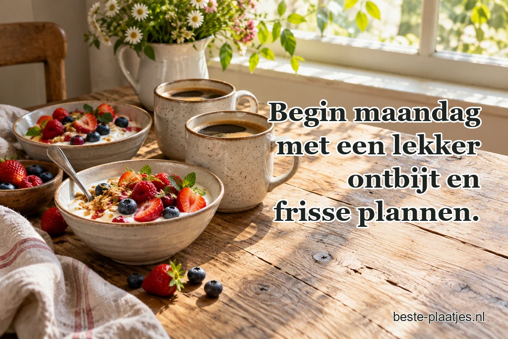 Koffie, yoghurt en fruit staan op een houten ontbijttafel. Koffie, yoghurt en fruit staan op een houten ontbijttafel.