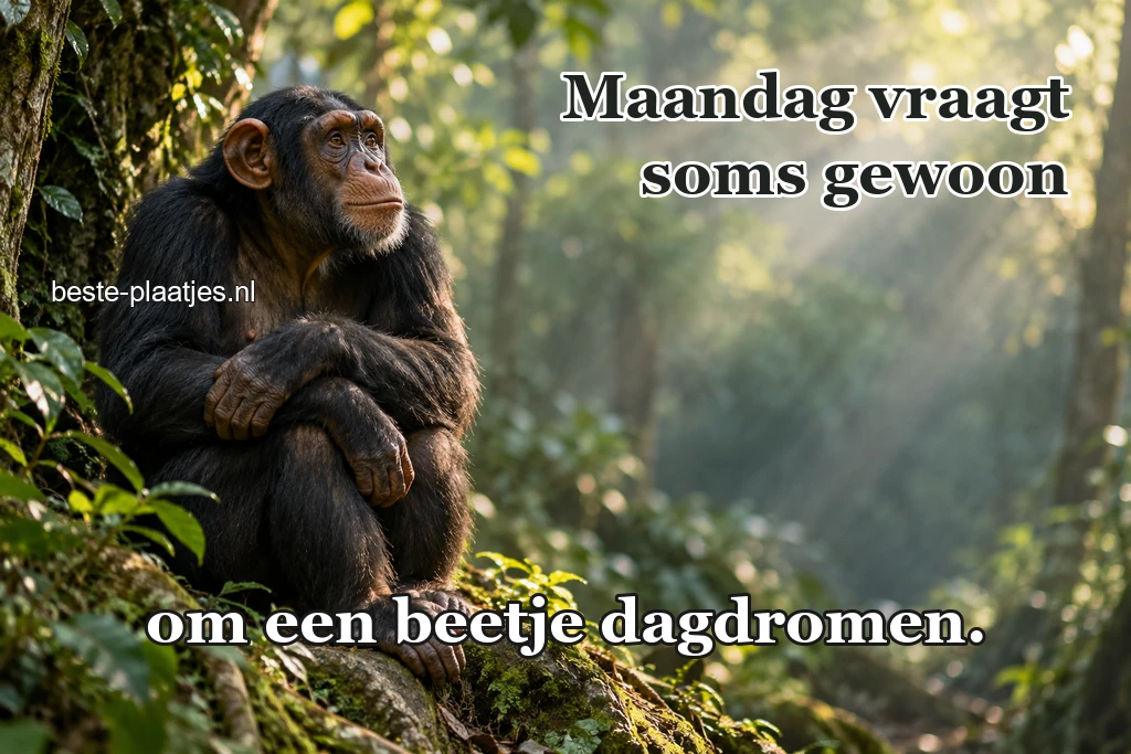 Een chimpansee kijkt peinzend door een donker bos. Een chimpansee kijkt peinzend door een donker bos.