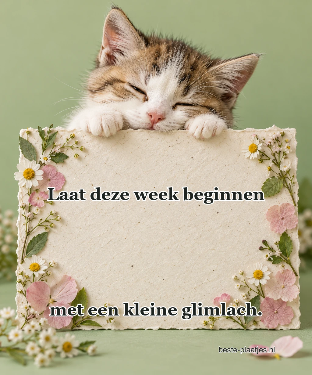 Een jonge kitten kijkt over een papieren bloemenkaart. Een jonge kitten kijkt over een papieren bloemenkaart.