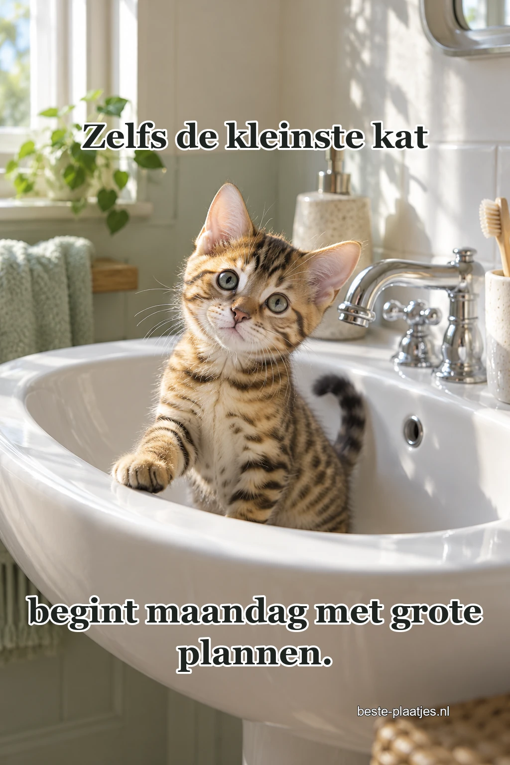 Een gevlekte kitten zit speels in een witte waskom. Een gevlekte kitten zit speels in een witte waskom.
