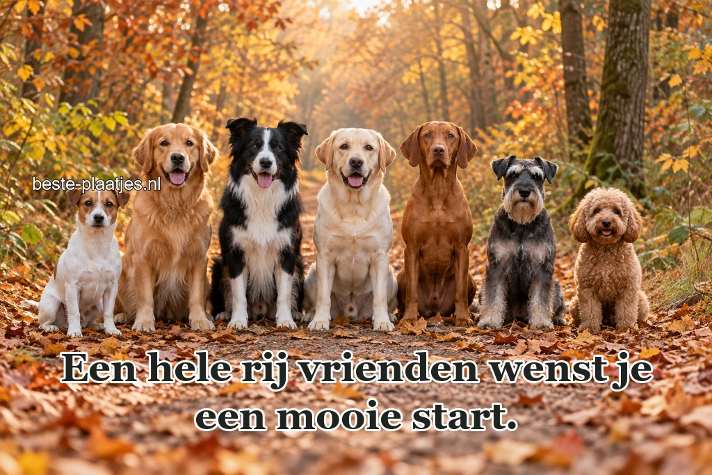 Zeven verschillende honden zitten samen op een bospad. Zeven verschillende honden zitten samen op een bospad.