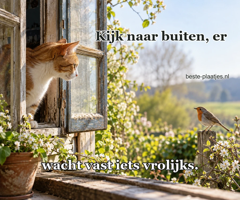 Een roodwitte kat kijkt vanaf een vensterbank naar vogels. Een roodwitte kat kijkt vanaf een vensterbank naar vogels.