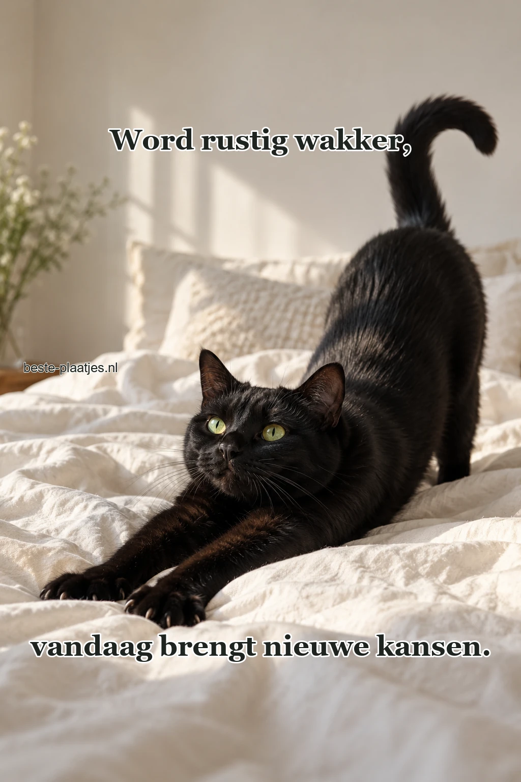 Een zwarte kat strekt zich uit op licht beddengoed. Een zwarte kat strekt zich uit op licht beddengoed.