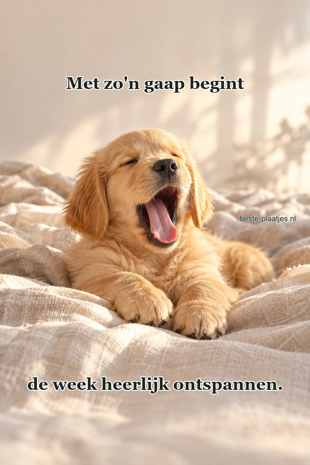 Een blonde puppy geeuwt op een zachte linnen deken. Een blonde puppy geeuwt op een zachte linnen deken.