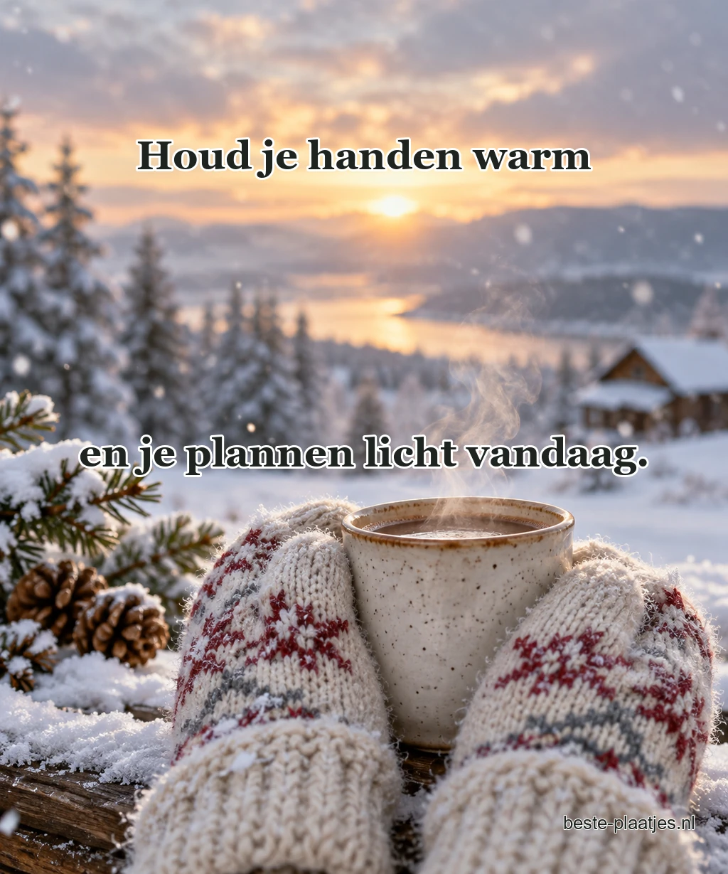 Twee wollen wanten houden samen een dampende kop vast. Twee wollen wanten houden samen een dampende kop vast.