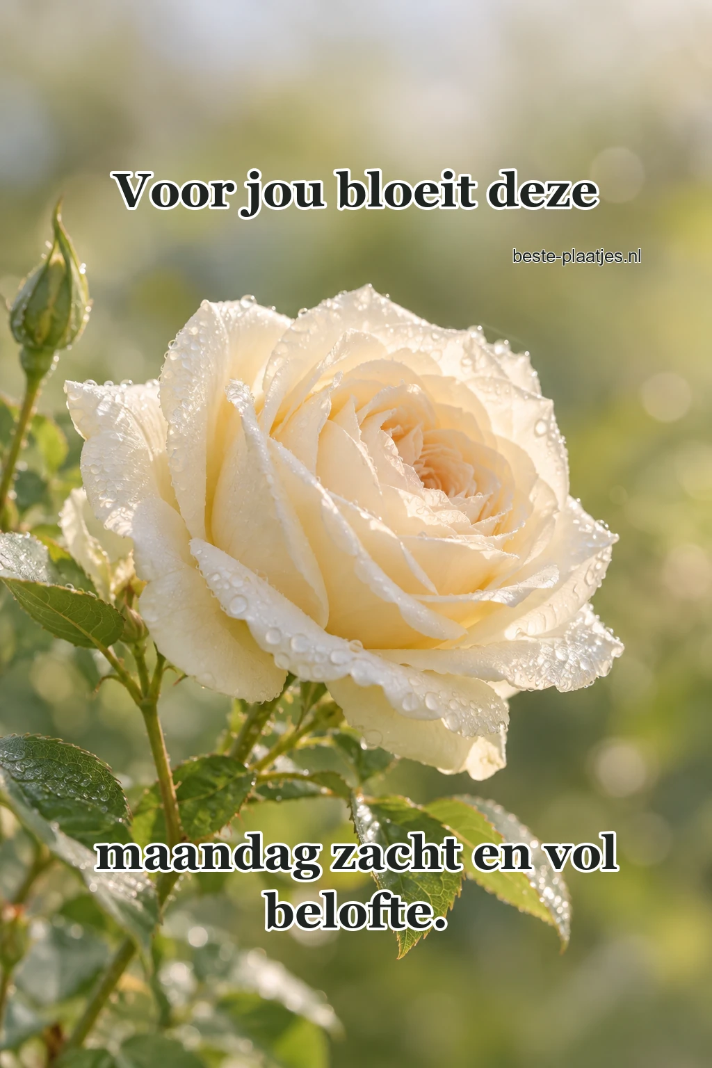Een witte roos draagt frisse regendruppels in ochtendlicht. Een witte roos draagt frisse regendruppels in ochtendlicht.